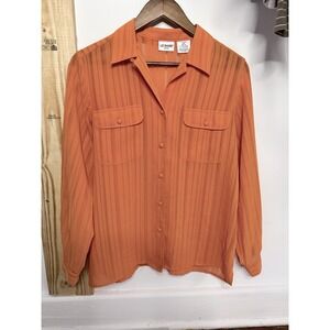 Liz Baker Petite Orange Sheer Striped Button Up Long Sleeve Women's Size 10P